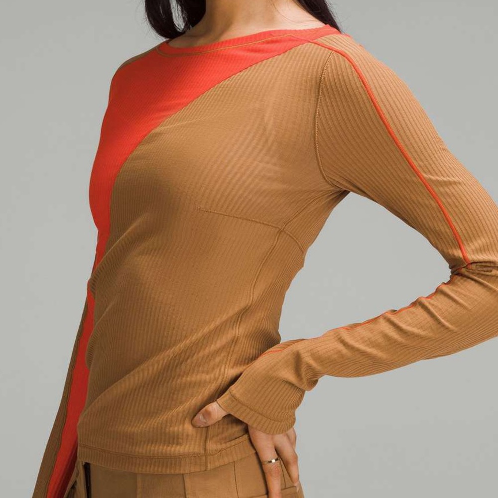 Lululemon Asymmetrical Ribbed Cotton Long-Sleeve Shirt 4 6 Beige Solar Orange S - Picture 3 of 8
